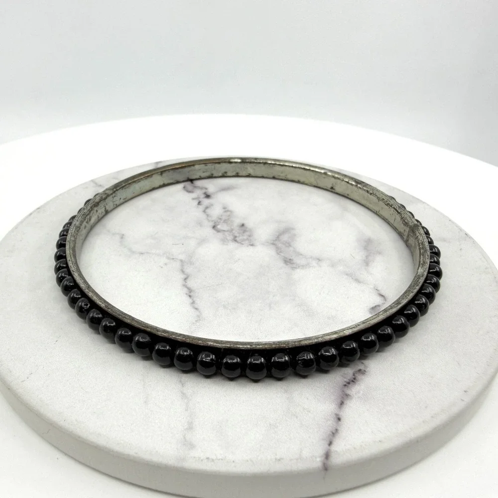 Y2K Black Bead Bangle Bracelet Slim Silver Tone Stackable Minimalist Jewelry